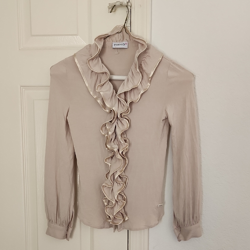 Pinko Viscose Tan Button Down Ruffle Soft Longsleeved Top Size Medium